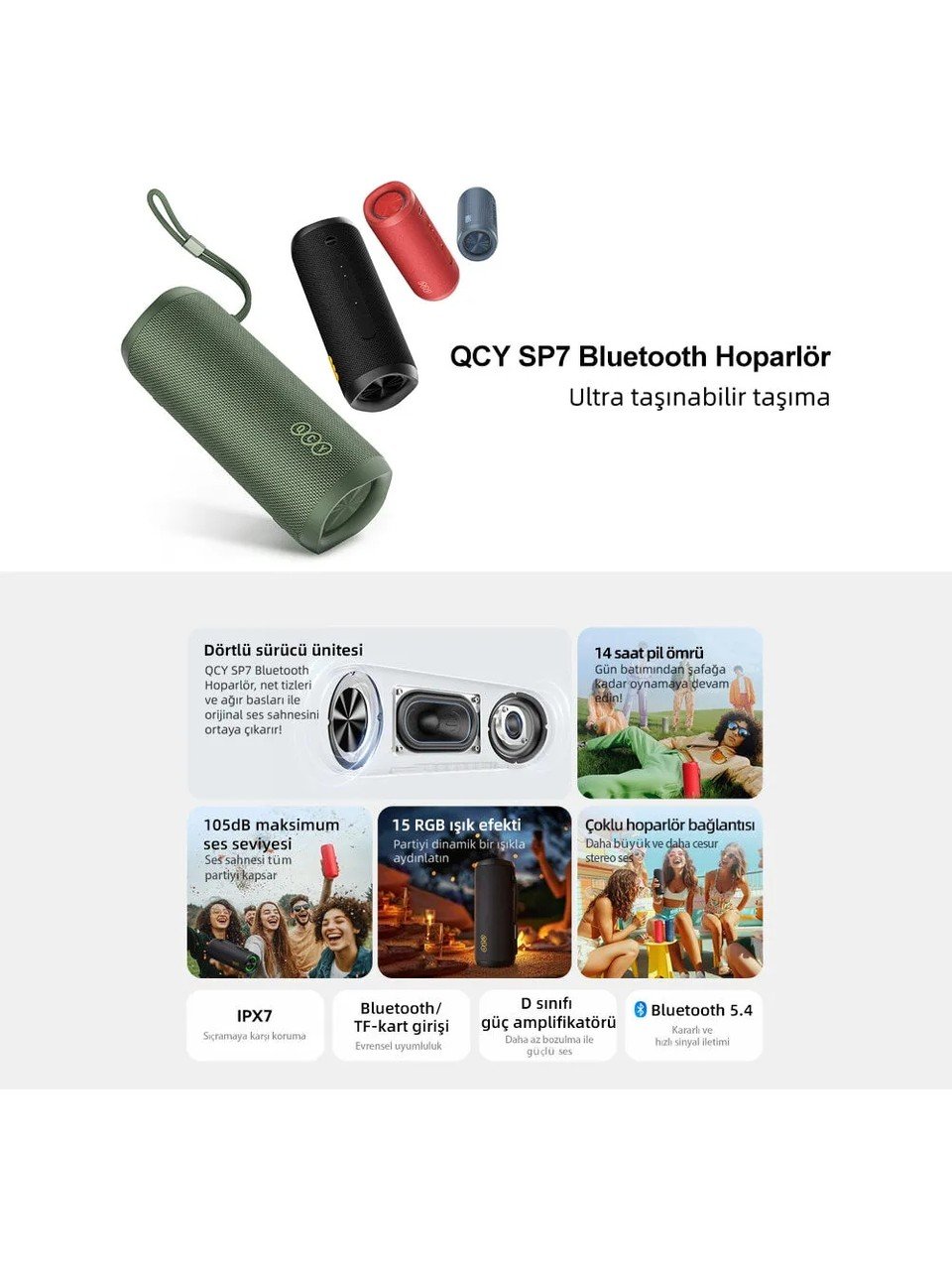 Qcy Sp7 40W Taşınabilir Bluetooth Hoparlör 14 Saat Dinleme Rgb Işık Ipx7 tf kart girişli - Görsel 3