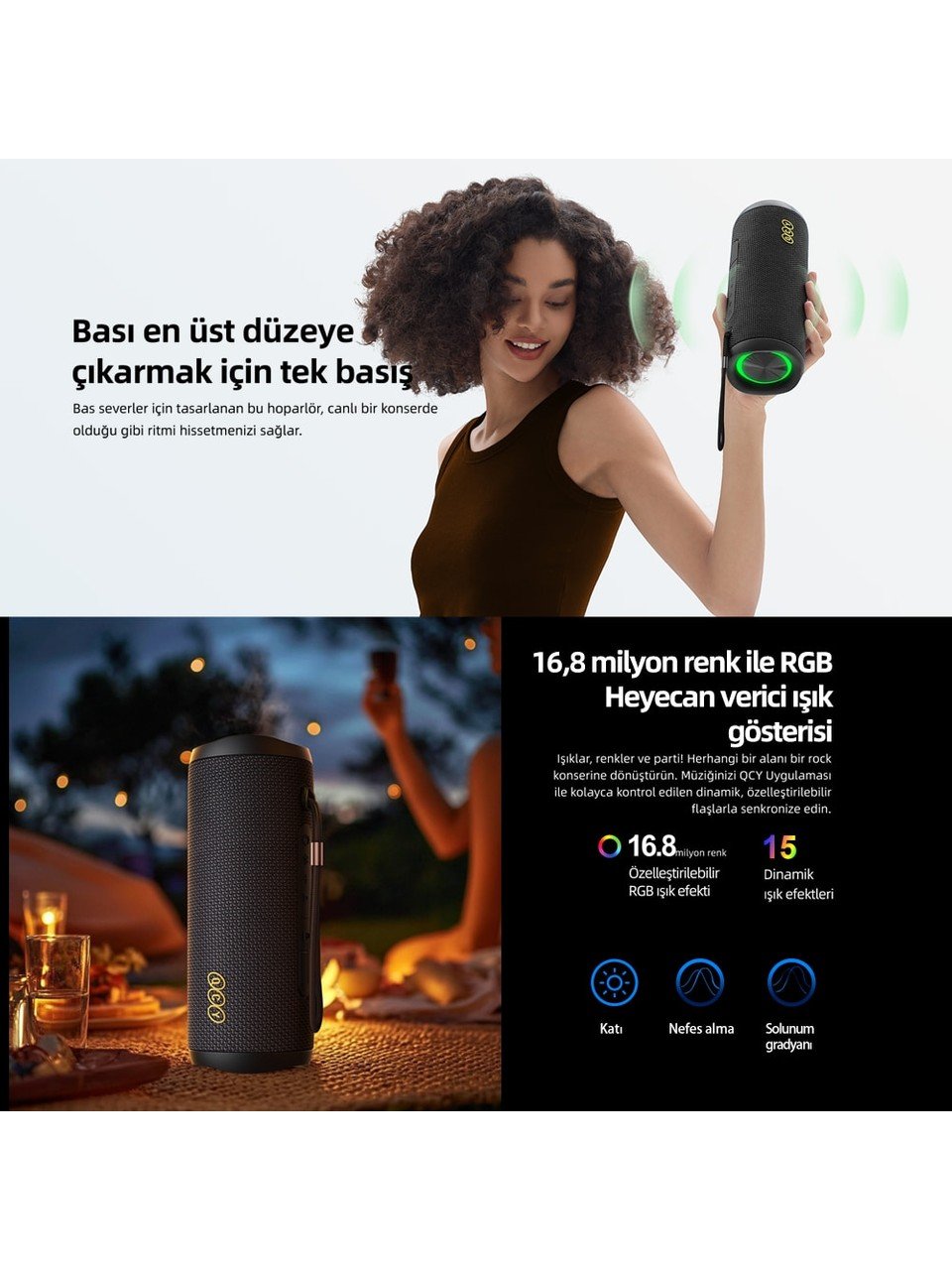 Qcy Sp7 40W Taşınabilir Bluetooth Hoparlör 14 Saat Dinleme Rgb Işık Ipx7 tf kart girişli - Görsel 7