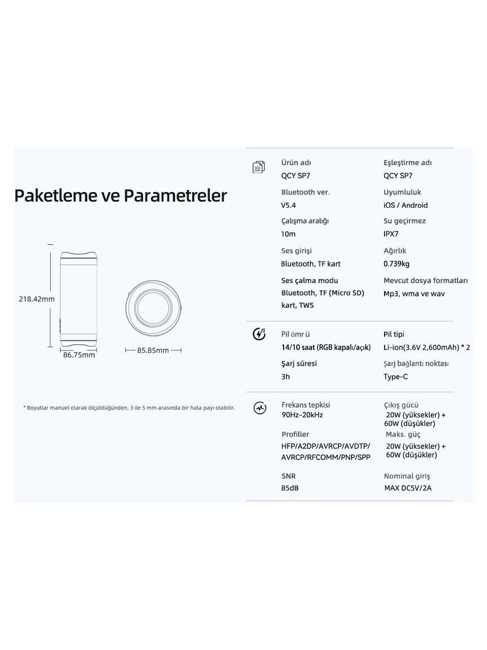 Qcy Sp7 40W Taşınabilir Bluetooth Hoparlör 14 Saat Dinleme Rgb Işık Ipx7 tf kart girişli - Görsel 10